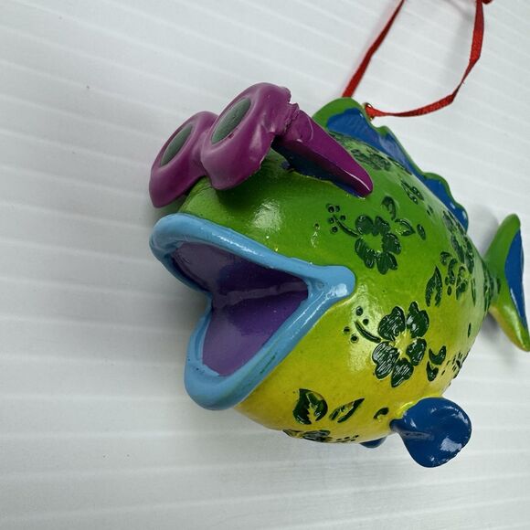 Fish in Sunglasses Christmas Ornament Tropical Beach Fun Glazed Hibiscus - Picture 3 of 9